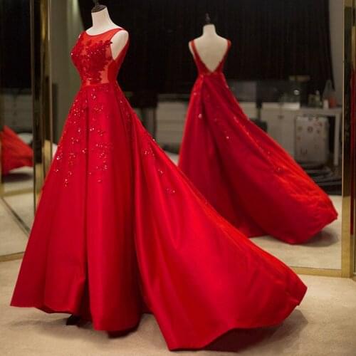 Linyixun Vestidos De Fiesta Red Beading A line Prom Dresses Backless Red Evening Gown Formal Prom Party Dress Vestidos