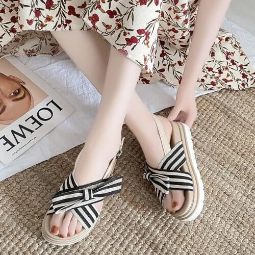 Fashion Striped Sandals Summer Korean Bow Sandals Casual Platform Round Toe Student Beach Shoes Comfortable Non-slip Sandals