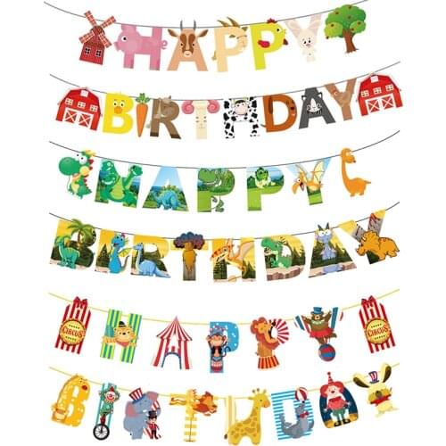 Cartoon Animal Happy Birthday Banner Dinosaur Jungle Party Paper Bunting Garland Kids Adult Birthday Party Decoration Photobooth