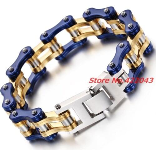 8.6"*16mm Men Jewelry Blue Stainless Steel Silver Gold Color Bracelets Biker Bicycle Motorcycle Chain Mens Bracelet Accessories