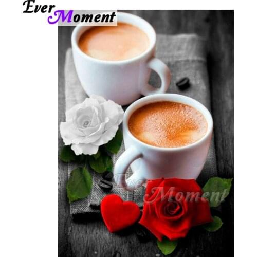 Ever Moment Diamond Painting Coffee White Red Rose Decoration For Home Cross Stitch Full Square Drill Diamond Embroidery ASF1712