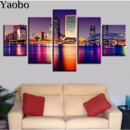 5PCS Diamond Painting 5D Full Square/Round Drill City Building And Bridge Night View Daimond Embroidery Cross Stitch Wall Art