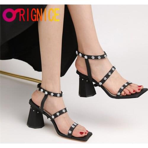 Orignice New 2021 Womens Sandals Buckle Strap Star Party Dress Summer Ladies Thick Bottom Rhinestone Square Toe Female Shoes