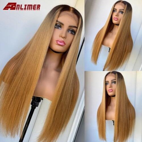 Ombre Honey Blonde T Part 13*6 Lace Frontal Wigs Brazilian Remy Straight 5x5'' PU Silk Top Human Hair Wigs Pre Plucked