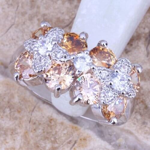 Absorbing Champagne Morganite White CZ Silver Plated Womens Jewelry Ring Size 6 / 7 / 8 / 9 R0766