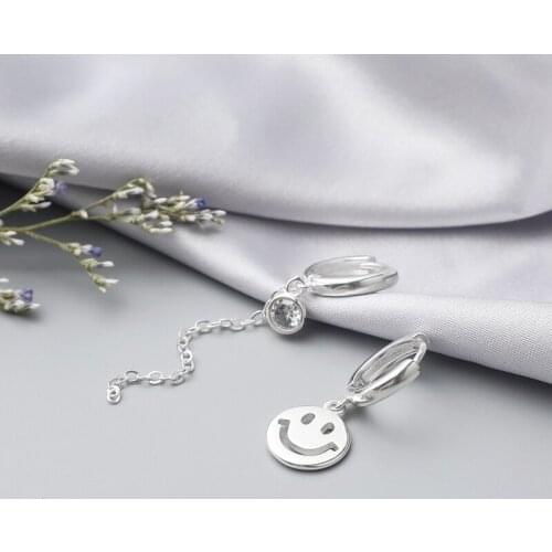 925 Sterling Silver Hollow Smiling Face Asymmetric Hoop Earrings For Women Long Tassel Chain Earrings Jewelry Gifts S-E1253