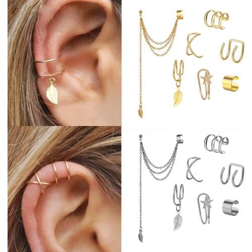 FNIO Ear Clips Jewelry Fashion Personality Metal Ear Clip Leaf Tassel Earrings For Women Gift Pendientes Ear Cuff Caught In Cuff