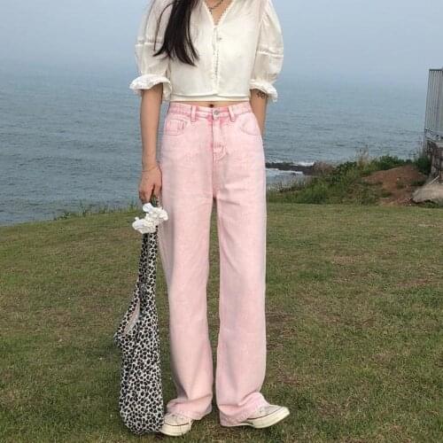 Harajuku Vintage Pink Wide Leg Jeans 2021 Fashion Casual Y2k High Waist Thin Elegant Temperament Women Long Trousers Streetwear