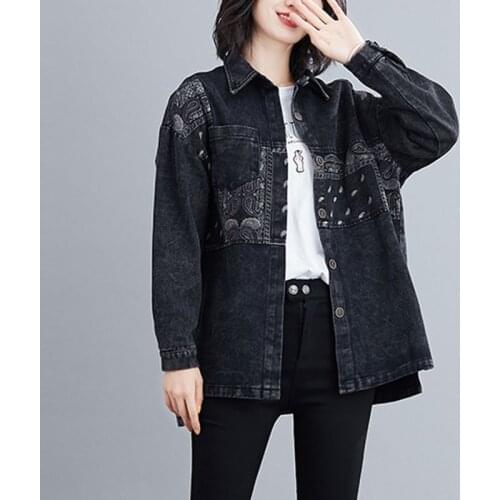 Women Autumn Denim Jackets New 2020 Autumn Vintage Print Turn-down Collar Female Loose Casual Jean Outerwear Coats S1758