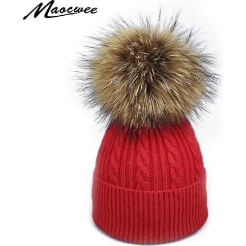 Women Winter Crochet Beanie Hat With Real Fur Pompon Knitted Soft Warm Cap Autumn Female Adult Knitted Solid Color Pompom Beanie