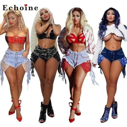 Women Sexy Short Jeans Sequins Pocket Tassel Diamond-Washed Denim Summer Short Pants Night Party Club Female Clothing Streetwear