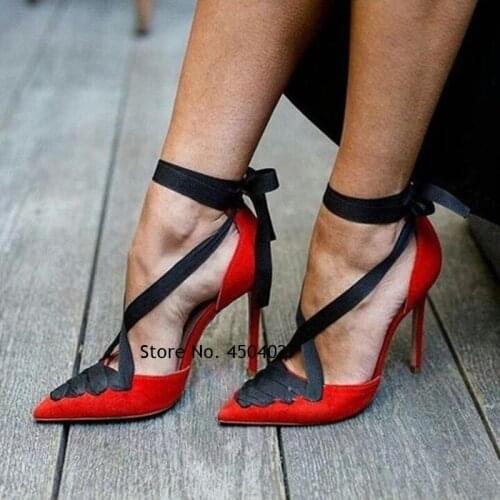 Women Red Black Lace-up Wedding Shoes Stiletto Heel Pointed Toe Cross Strappy Dress Pumps Mixed Color Pumps