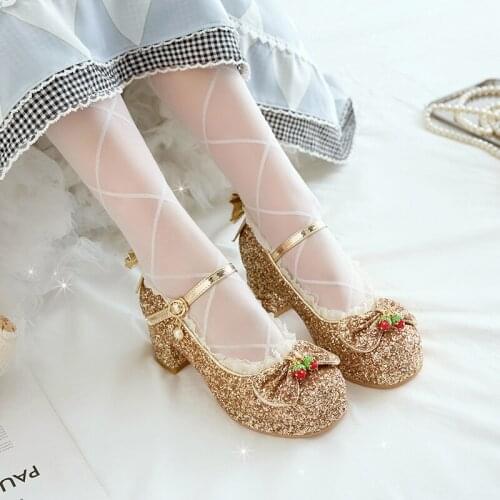Glitter Leather Sweet Bowknot Pearl Metal Buckle Womens Shoes Lolita Style Strawberry Decoration Kawaii Student Girl Pumps