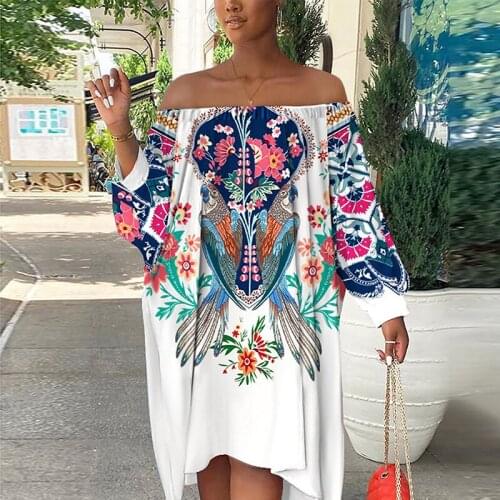 Spot Autumn New Dress Womens Ethnic Style Printing Sexy One-Neck Dress Loose Long-Sleeved Irregular Dress Street Clothing Y2k