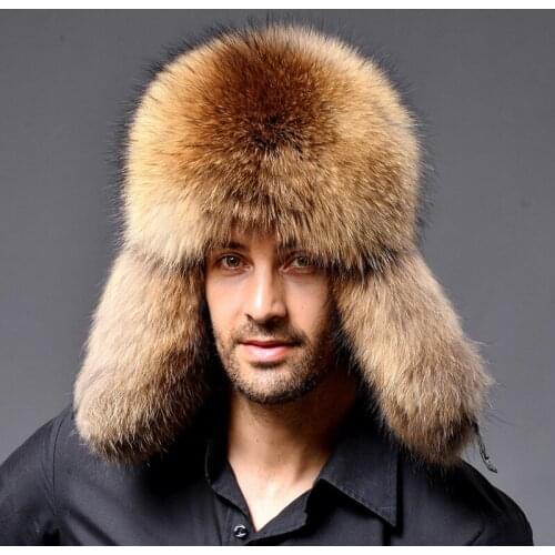 Winter Mens 100% Real Silver Fox Fur Aviator Bomber Hat Raccoon Fur Ushanka Cap Trapper Russian Man Ski Hats Caps Real Leather