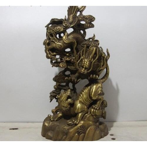 15 Chinese Palace Royal Feng Shui Copper Brass Dragon Tiger Battle Combat Statue