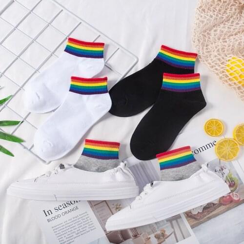 2021 Fashion Cotton Short Socks For Women Rainbow Stripes Socks Harajuku Funny Korean Pop Kawaii Womens Socks