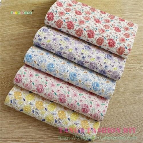 5pcs--20x22cm Chunky Glitter Printing Flower Synthetic Faux PU Leather