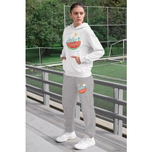 Angemiel Wear Colorful Hello Summer Women Tracksuit Set White Hooded Sweatshirt Gray Sweatpants