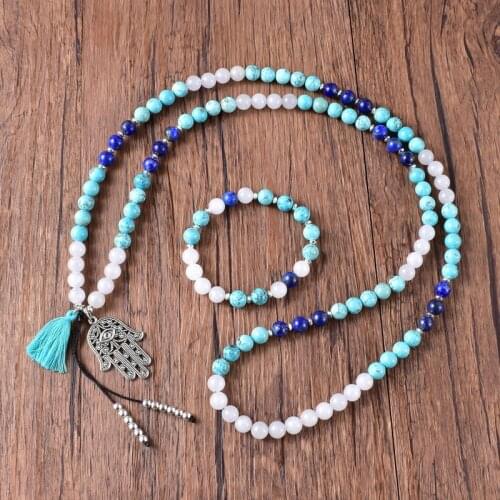 Turquoise Lapis Lazuli Natural Stone Mixed 108 Beads Long Necklace, Palm Pendant and Tassel Necklace for Women Boho Yoga Jewelry