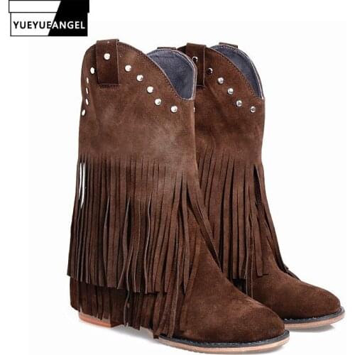 Brand Casual Cow Suede Rivet Fringe Ankle Boots Shoes Women Winter Street Solid Color Round Toe Slip On Block Botas Femininas