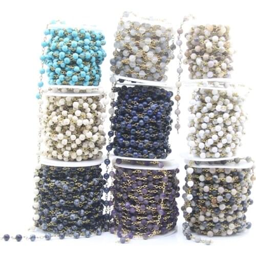 9Stone Choice,5Meter 6mm Round Beads Rosary Chains,Brass Wire Wrapped Turquoises Lapis Chain Necklace Bracelet Jewelry Making