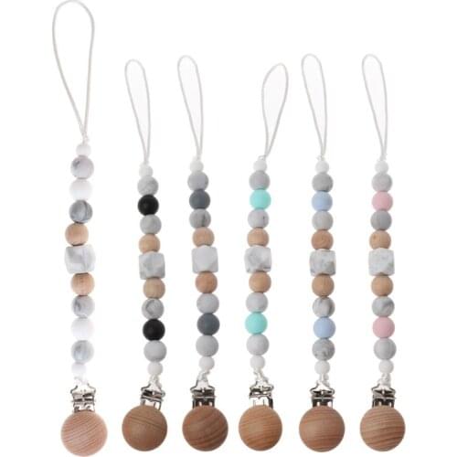 Baby Soother Clips Silicone and Beech Wood Baby Pacifier Clips Chain Dummy Clip Newborn Gift Chew Toy
