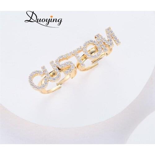 DUOYING Custom Zircon Letters Rings Initial A - Z Alphabet Letter Adjustable Rings Full Zircon Open Ring Lovely Gift for Women