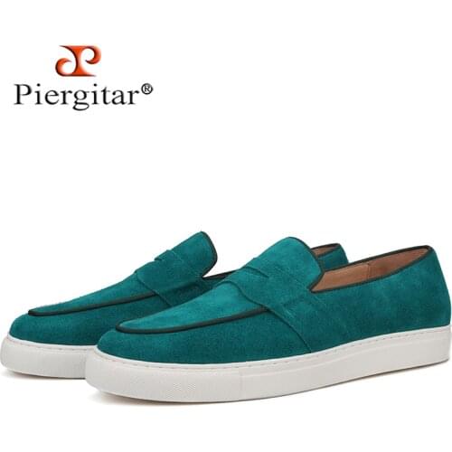 Piergitar 2021 Men Sneakers Green Color Suede Mens Vulcanize Shoes Handmade Male Penny Loafers Wihte Bottom Man Flats