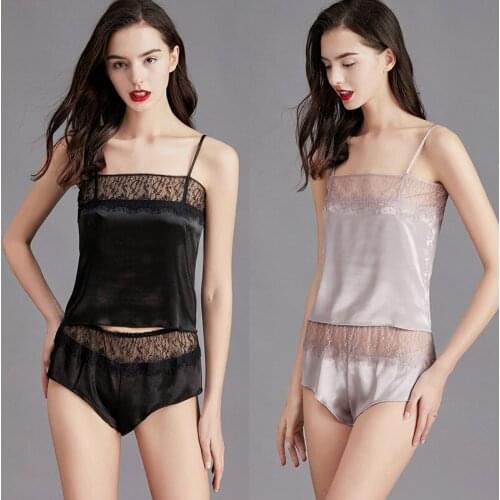 Summer Viscose Fiber Pajamas Womens Lace Sexy Strap Set Summer Thin Womens Two Piece Suit Pajamas Slash Neck Pijama Mujer