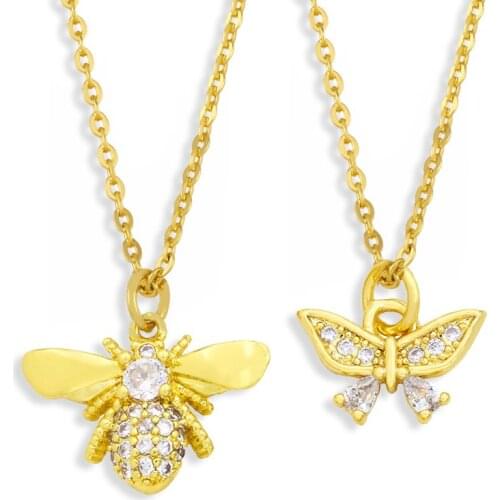 FLOLA Copper CZ Bee Butterfly Pendant Necklace White Stone Gold Short Chain Necklace Gift Wholesale Jewelry nkey03