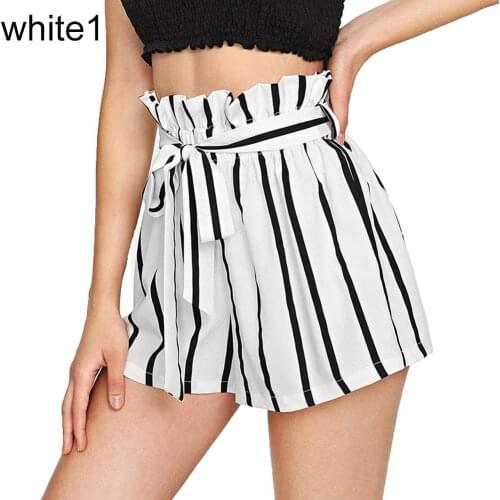 Fashion Summer Beach Party Clothing Shorts Women Striped Belted Ruffled Elastic High Waist Casual Streetwear Shorts Hot Pants