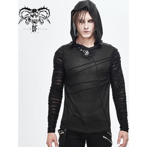 Devil Fashion Mens Gothic Handsome Hooded T-shirt Streetwear Mesh Hole Sleeve Tight Casual Long Sleeve Shirt
