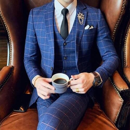 Suit Suit Mens Business Formal Wear Groom Wedding Suit Korean Slim Plaid British Style Suit Coat Men