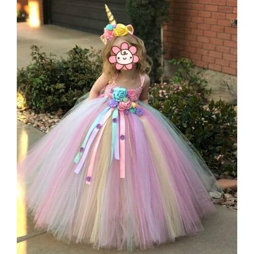 Flower Girls Unicorn Tutu Dress Pastel Rainbow Princess Girls Birthday Party Dress Children Kids Halloween Unicorn Costume 1-14y