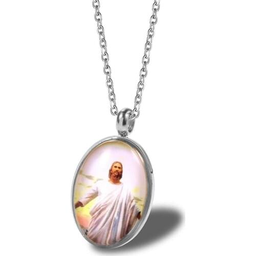 RIR Stainless Steel and Glass Symbols of Faith Inspirations Silver Color Lady of Guadalupe and Jesus Pendant Necklace with Chain