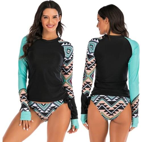 Women' Rash Guard Swimwear Long Sleeve Rashguard Biking Shirts Surf Top Retro Print Shirt Swimsuit UV Protection Bathing Suit