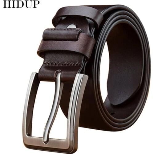 HIDUP Famous Brand Name Quality Solid Cowhide Belts Men Retro Style Genuine Leather Belt 3.8cm Casual Jeans Accessories NWJ610