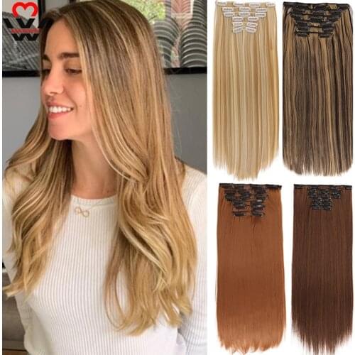 Synthetic Long Straight Clip in Hair Extensions 6Pcs 22" Women Fake False Hair Pieces Black light brown red gold Styling Hair