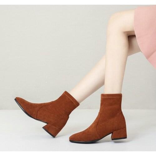 Sianie Tianie Winter Autumn Flock Plain Brown Beige Chunky Heels Fashion Women Shoes Designer Brand Ankle Stretch Chelsea Boots