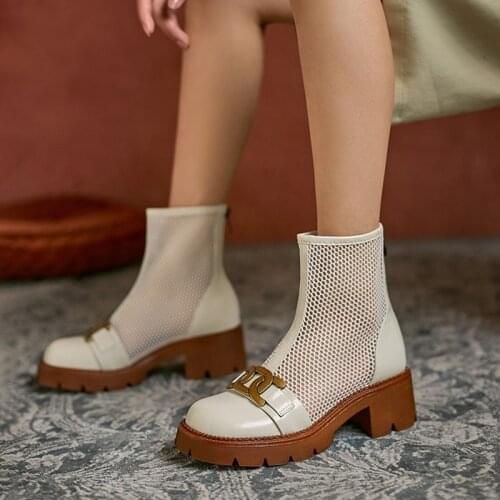 Hot Internet Popular Fashion 2021 Summer Boots Cow Leather Mesh Round Toe High Heels Women Breathable Boots Metal Decoration