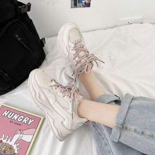 2021 Platform Sneakers Women Shoes Casual Lace Up Thick Sole Shoes Woman Beige Chunky Sneakers Leather Vulcanize Shoes