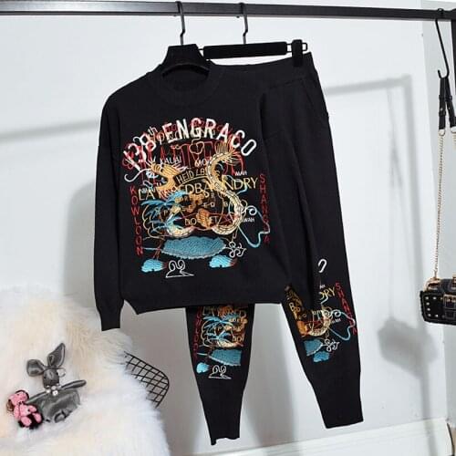 Autumn Winter New Women Fashion Letter Embroidery Long Sleeve Loose Knitted Sweater Tops + Little Feet Pants Two Piece Set H1643