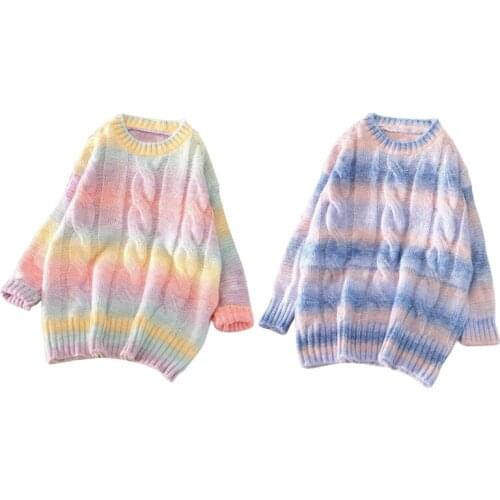 Women Long Sleeve O-Neck Sweater Rainbow Tie-Dye Striped Pullover Top Harajuku Candy Color Oversized Loose Jumper Shirt