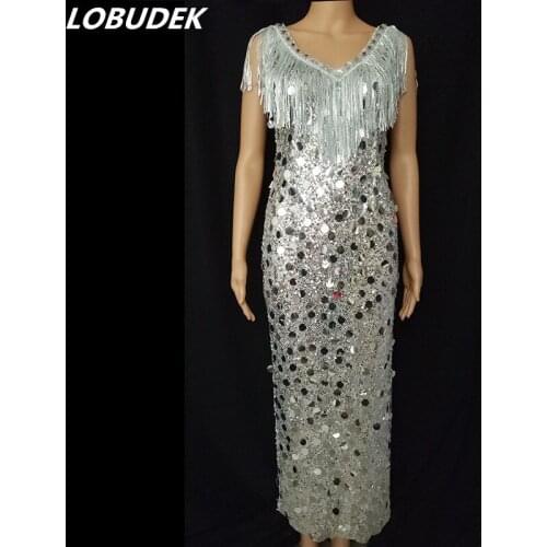 Sexy Silver Rhinestones Fringes V-neck Sleeveless Slit Dress Womens Birthday Party Evening Performance Singer Stage Long Dress