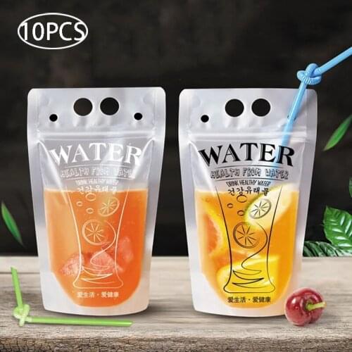 10PCS Frosted Plastic Drinking Beverage Bag with Straw Party Wedding Fruit Juice Milk Tea Coffee Portable Pouches 250-500ml