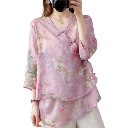 2021 Summer Chinese Traditional Women Clothing Hanfu Top Tang Suit Chinese Blouse Chinese Ancient V Neck Linen Shirts V2108