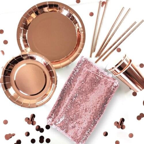 Amawill Rose Gold Sequin Tablecloth HAPPY BIRTHDAY Banner Bachelorette Party Photo Wall Disposable Tableware Wedding Decoration