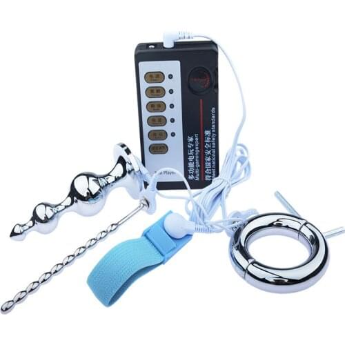 Electric Shock Anal Plug Expansion Butt Plug With Metal Cock Ring Dilator Urethral Catheter Penis Plug Pulse Set Sex Toy For Man