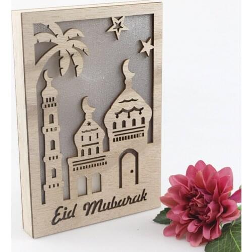 Behogar LED Eid Mubarak Ramadan Ornaments Muslim Islamic Moon Mosque Wooden Frame Desktop Decorations